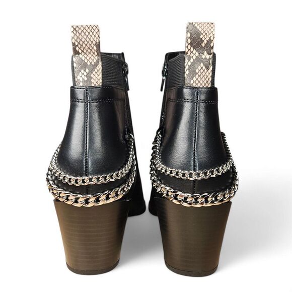 Size 10 Black Ankle Booties Silver Chains Side Zip Snakeskin Detail Pointed SODA - Picture 2 of 14